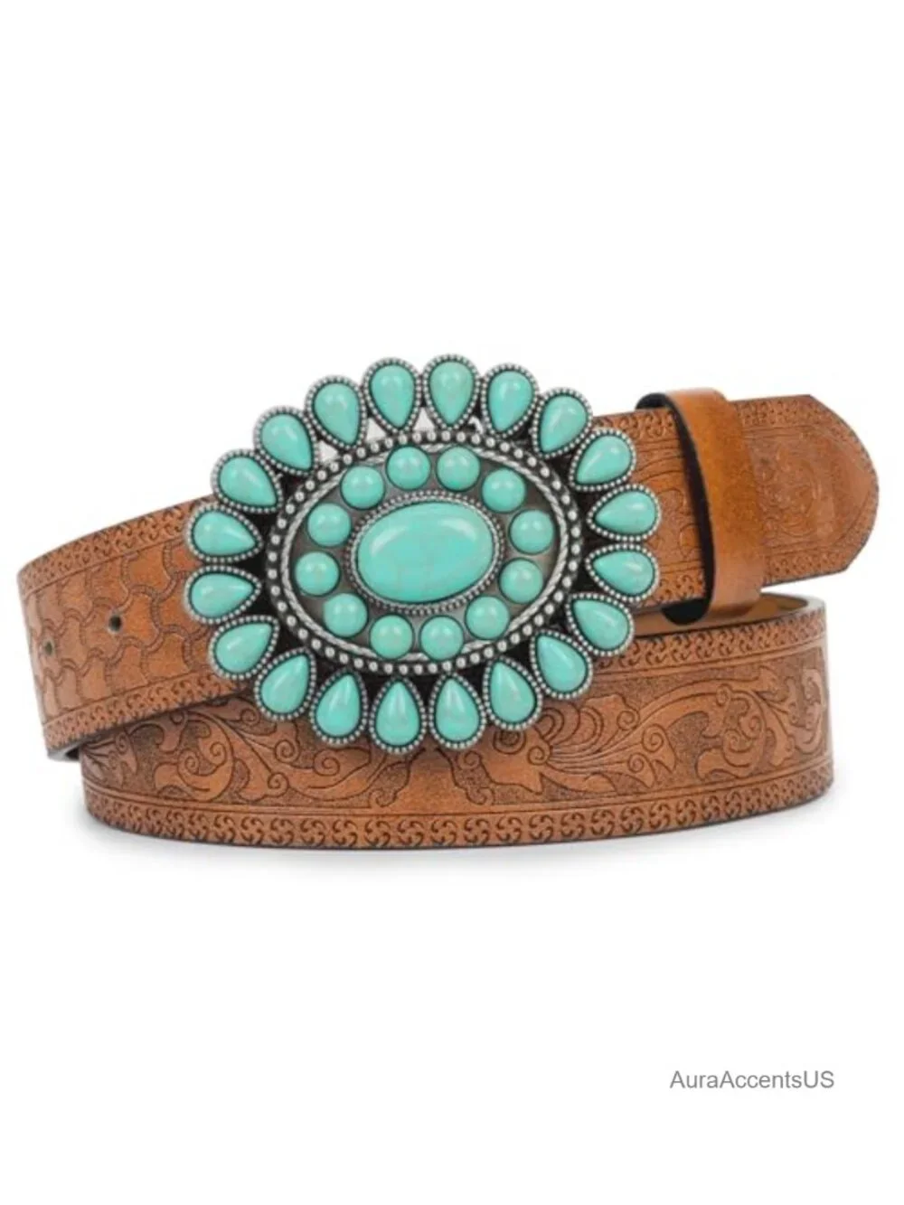Western Cowgirl PU Leather Belt with Turquoise Buckle for Women Dress Waist
